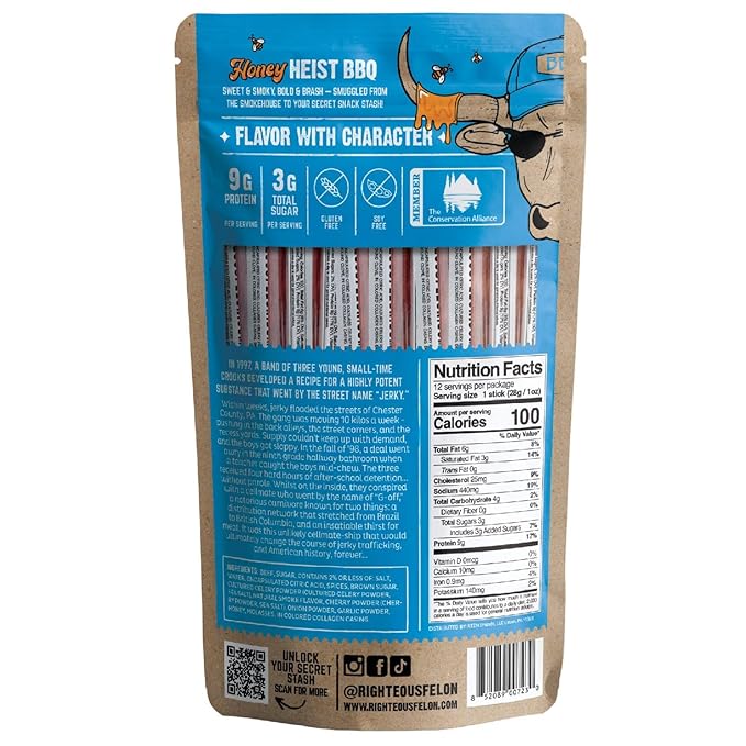 Beef Jerky Sticks - Honey Heist BBQ - 12 Stick 1 Oz (Total 12 Oz) - Keto Friendly High Protein Meat Snacks - Made with Pasture-Raised Beef.