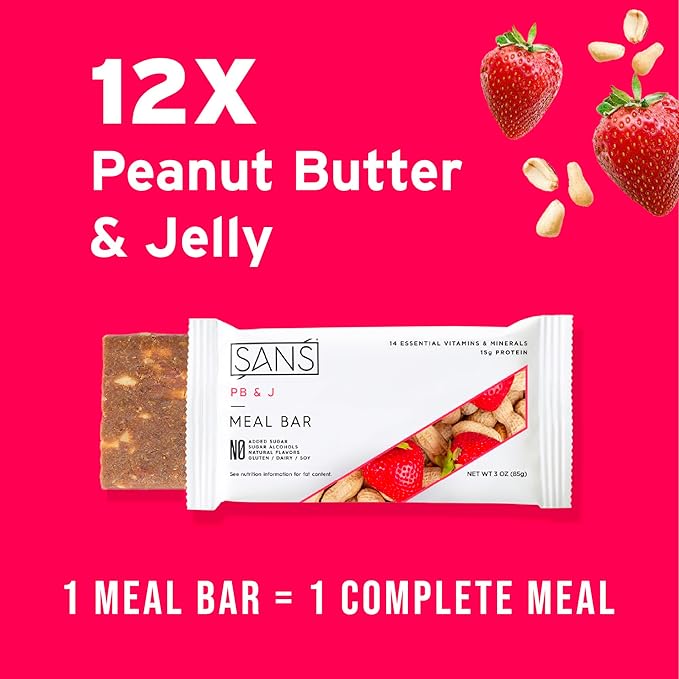 SANS PB and J Meal Replacement Protein Bar | All-Natural Nutrition Bar With No Added Sugar | Dairy-Free Soy-Free and Gluten-Free | 14 Essential Vitamins and Minerals | (12 Pack)