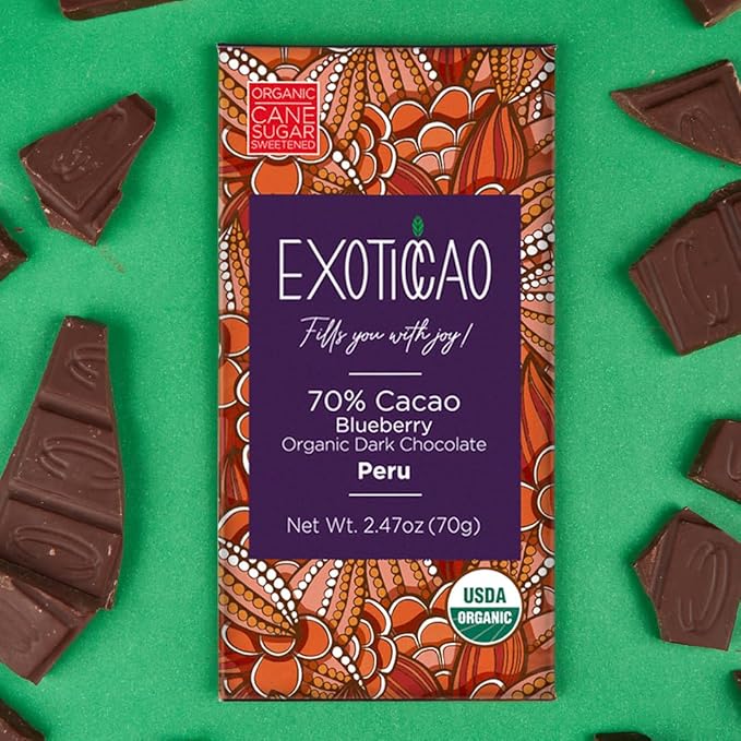 EXOTICCAO 4 Pack Blueberry Organic Dark Chocolate Bars|Cane Sugar Sweetened|Gluten-Free Vegan Non GMODairy free Soy Free|70% Cacao|2.47 oz