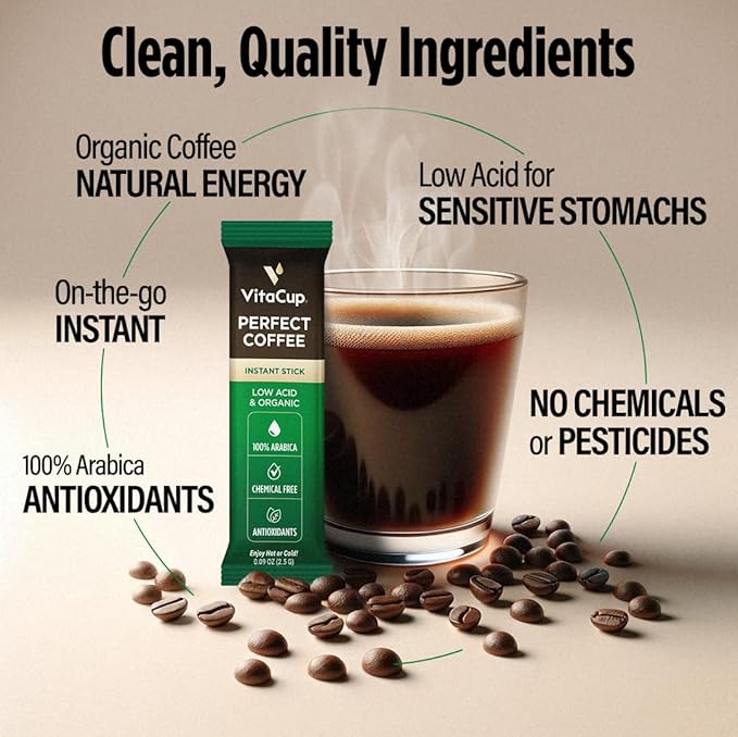 VitaCup Perfect Low Acid Instant Coffee Packets Dark Roast Coffee USDA Organic &amp Fair Trade Third Party Tested for Mycotoxins &amp Pesticides Single Origin Clean &amp Pure 24 ct