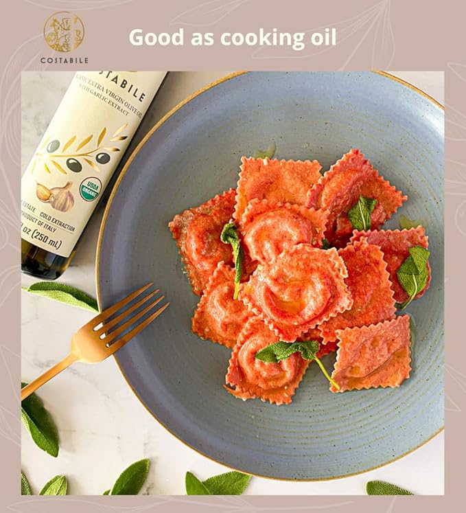 Garlic Infused Olive Oil Extra Virgin from Italy and from a Single Source. Garlic Oil for Cooking Dressings on Pizza Pasta Marinades - COSTABILE 16.9 Fl. Oz.