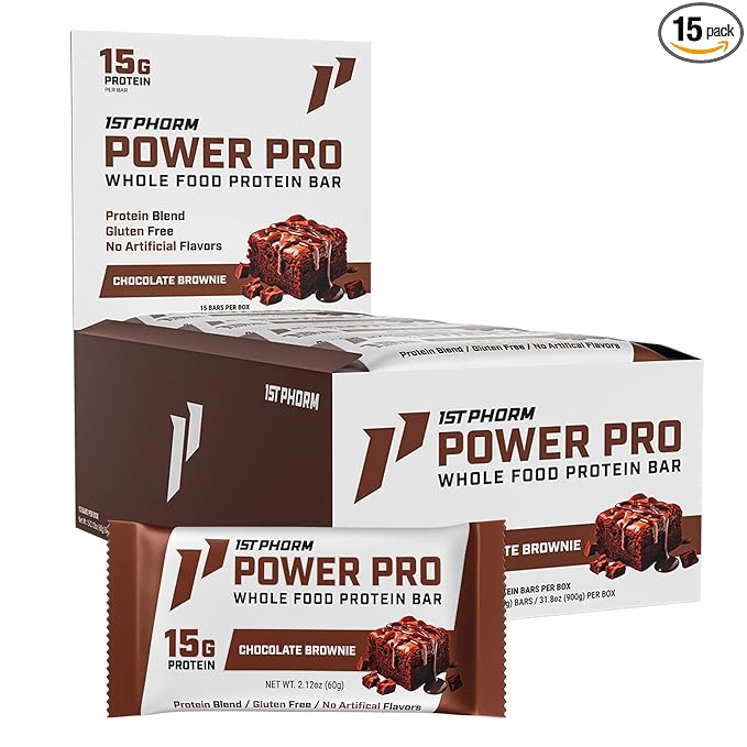 1st Phorm Power Pro Protein Bars Chocolate Brownie Flavor 15G Whole Food Protein Gluten Free Snack Bars for on the Go or Pantry Snacks Made Without Artificial Flavors 15 Count