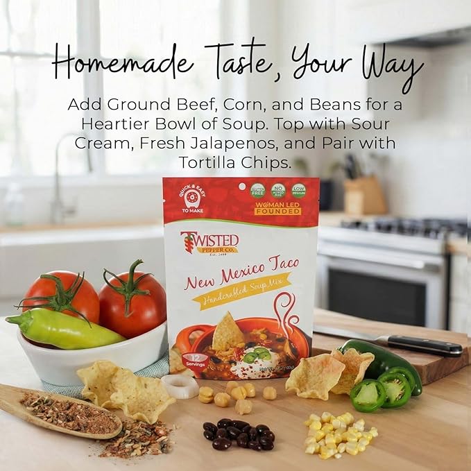 Twisted Pepper Co. New Mexico Taco: Gluten-Free – Handcrafted Soup – Thick Creamy &amp Zesty Flavor with a Kick of Green Chilies Quick &amp Easy Meal Ready in 30 Minutes Serves 12 Add Cheese B