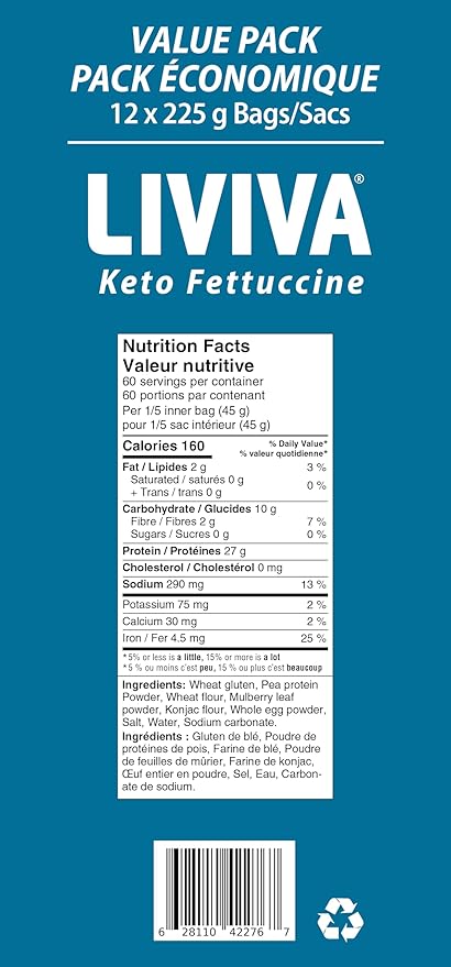 LIVIVA Low Carb High Protein KETO Value Pack Shirataki Pasta – 135 g Protein per Box with Pea Protein &amp Konjac Flour - 8g Net Carbs Diabetic-Friendly - Healthy Al Dente Pasta (12 Pack Fettuccine