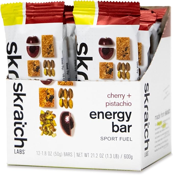 Skratch Labs Energy Bar | Cherry + Pistachio (12 Pack) | Plant Based Healthy Snack | Low Sugar - 5g Protein | Non-GMO Gluten Free Soy Free Vegan Kosher