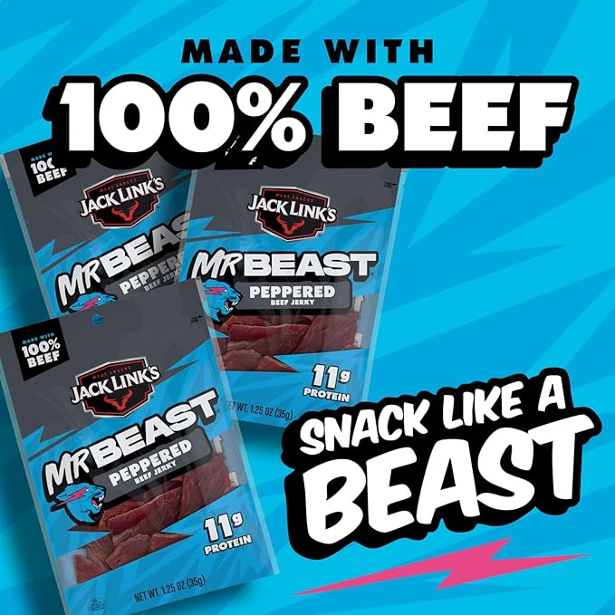Jack Link’s x MrBeast Beef Jerky Peppered Beef Jerky As Seen on Beast Games 11g Protein Made with 100% Real Beef Pantry-Ready Snacks 10 Count