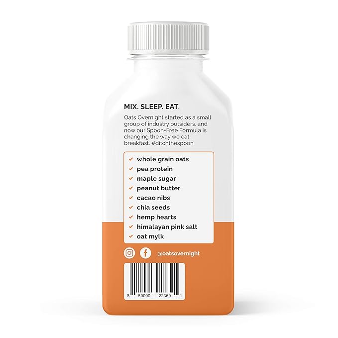 Oats Overnight Peanut Butter Crunch Bottled Shake - Gluten Free Non-GMO Vegan Friendly Breakfast Meal Replacement Shake with Powdered Oat milk. 15g of Protein (10 Pack)