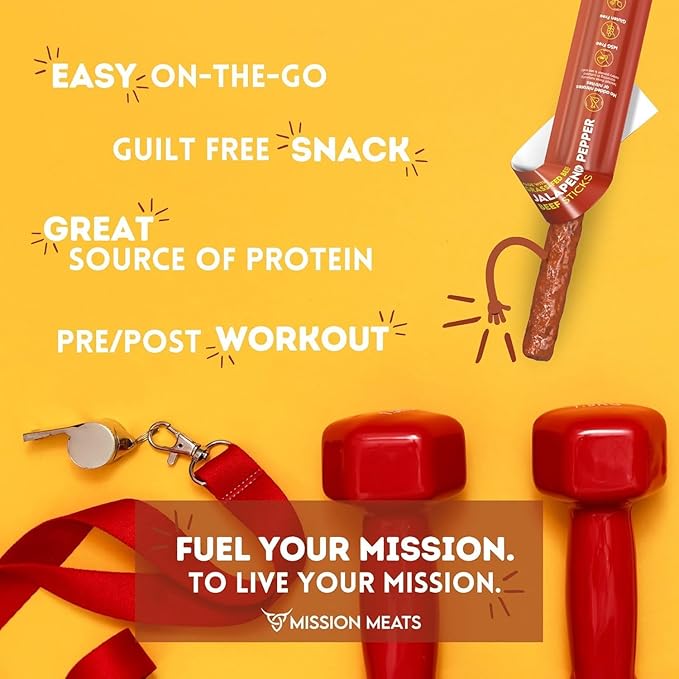 Mission Meats Beef Sticks – 100% Grass Fed &amp Pasture Raised Sugar Free Individually Wrapped Healthy Snacks Whole 30 &amp Paleo Friendly Jalapeno 1oz (24ct)