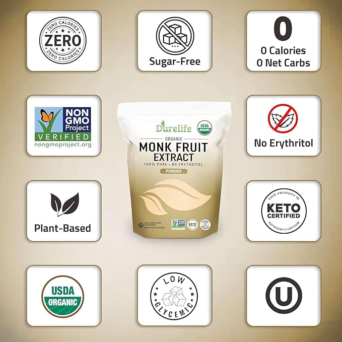 Durelife Organic 100% Pure Monk Fruit sweetener No Erythritol Monkfruit Extract Powder USDA organic NON-GMO Project Verified Keto Certified OU kosher No Fillers Zero Calorie Sugar Substitute 15