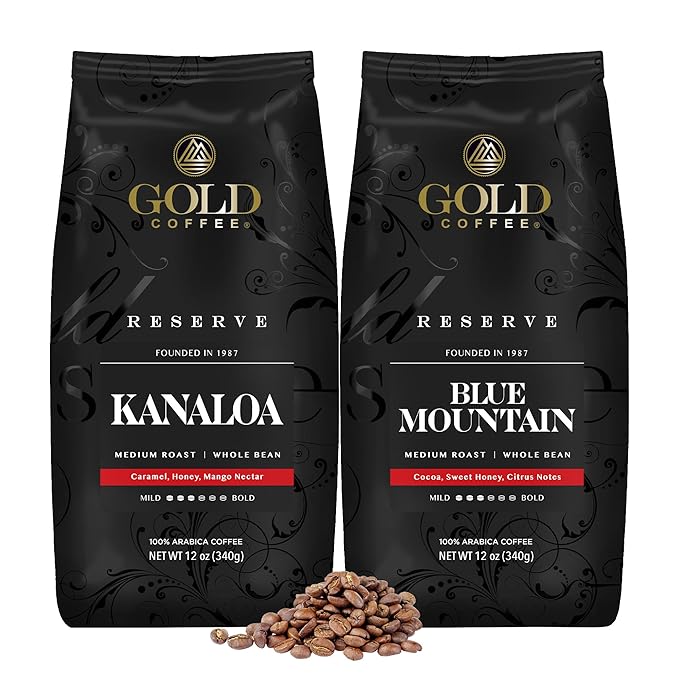 Gold Coffee Bundle | Kanaloa &amp Blue Mountain Medium Roast Whole Bean |100% Arabica Coffee 12 oz. (Pack of 2)