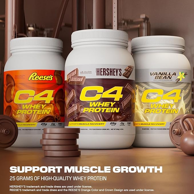Cellucor C4 Whey Protein Powder Reese's Peanut Butter &amp Chocolate - 25g Protein 0g Added Sugar 140 Calories Per Serving Supports Muscle Recovery 28 Servings Premium Whey for Post-Workout