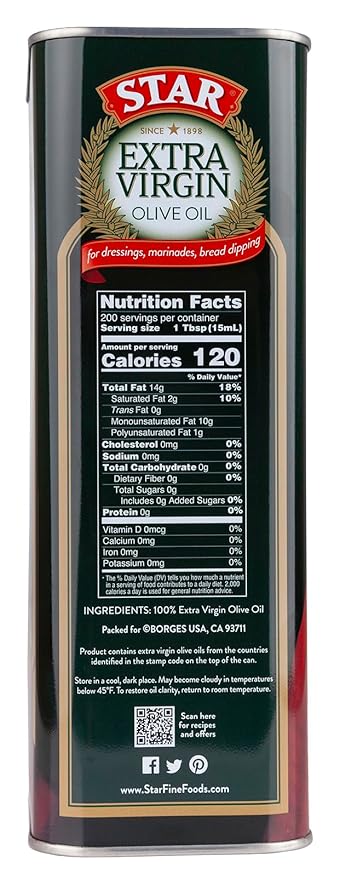 STAR | Extra Virgin Olive Oil | 101 Oz (3 L) Tin | Rich Olive Flavor | Ideal for Family Cooking and Daily Use