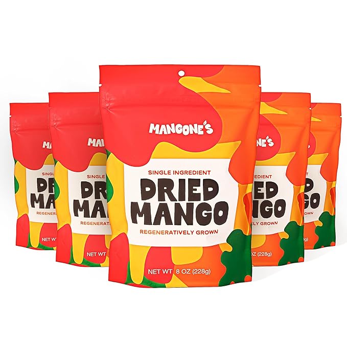Mangone’s Organic Dried Mango 5 Packs (8 oz each) | Mango Dried Fruit Unsweetened | Single-Ingredient Dehydrated Fruit Slices | 100% Natural Dried Fruit Snacks | Soft Chewy Tropical Snack