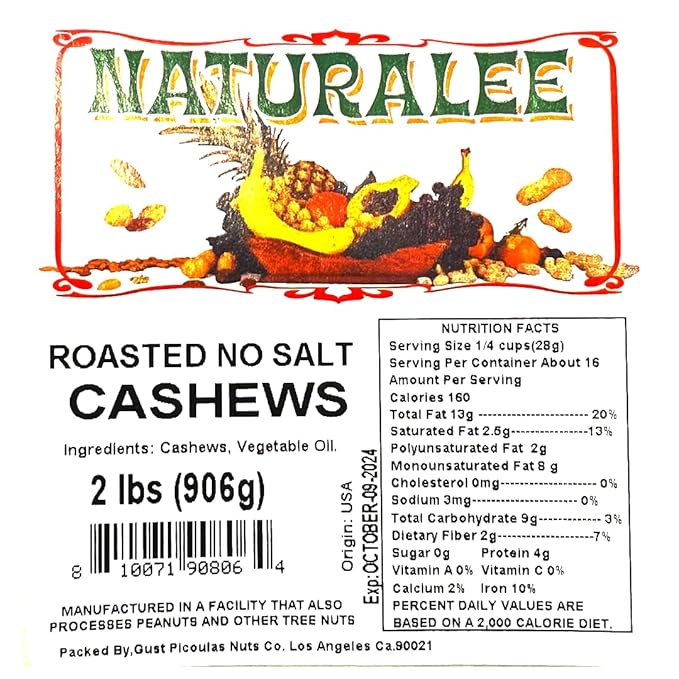 Naturalee Cashews 2 lbs - Roasted Unsalted - Natural Heart Healthy Snack