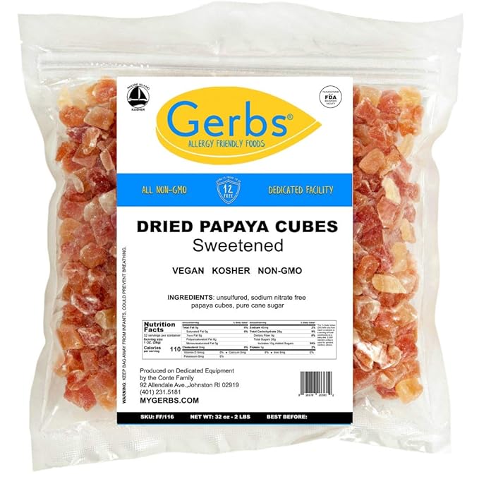 Gerbs Lightly Sweetened Dried Papaya Cubes 2 lbs. | Unsulfured No Artificial Additives Resealable Bag | Naturally Sweet &amp Chewy | Top 14 Allergen-Free