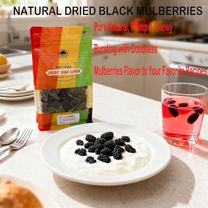 Dried Black Mulberries 1LB Top Grade Premium DABC OAK LAND Wild Black Mulberry Dried Fruit No Sugar AddedVegan Natural for Healthy Snacking BakingTea 黑桑葚干 16OZ/Bag
