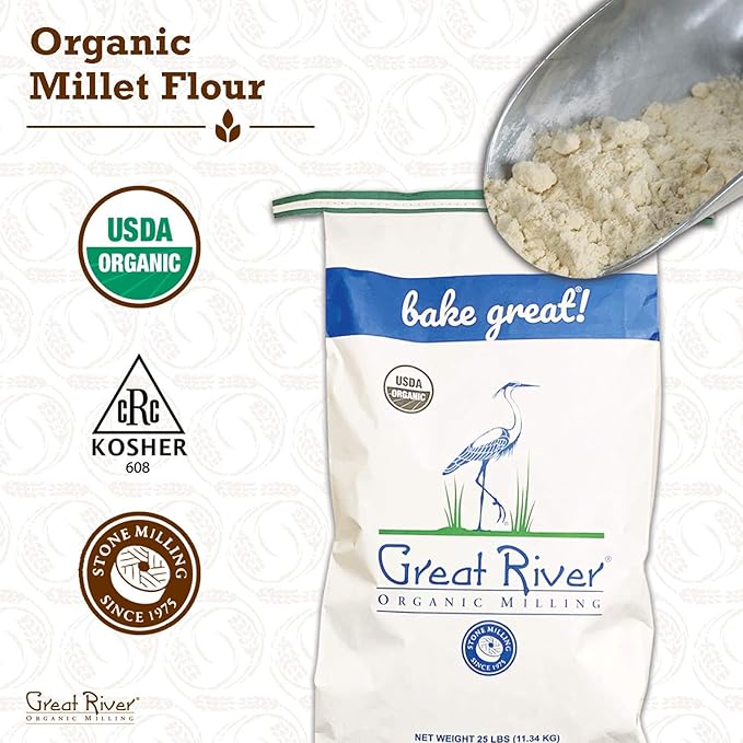 Great River Milling Organic Millet Flour | USDA Organic Naturally Gluten Free Non-GMO Vegan Kosher | Mild Nutty Flavor for Baking Flatbreads Pancakes &amp Porridge | 25 Lb.