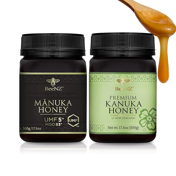 BeeNZ Manuka Honey Certified UMF 5+ and Kanuka Honey Bundle Raw Pure New Zealand Superfood Honey Set for Wellness and Skin Care Support Natural Sweetener No Sugar Added Traceable from Hive to Jar