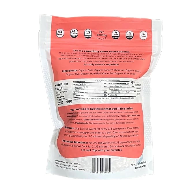 Farm to Table Foods Organic Ancient Super Grain Oatmeal – High-Protein Plant-Based Unsweetened Non-GMO Whole Grains – 3-Pack (14 oz. Bags)