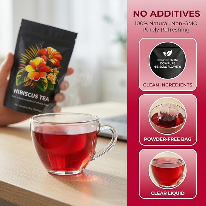Hibiscus Tea - Whole Dried Flower Petals Hibiscus Tea Bags Antioxidant Caffeine-Free Natural Compounds Tart and Delicious20 Tea Bags