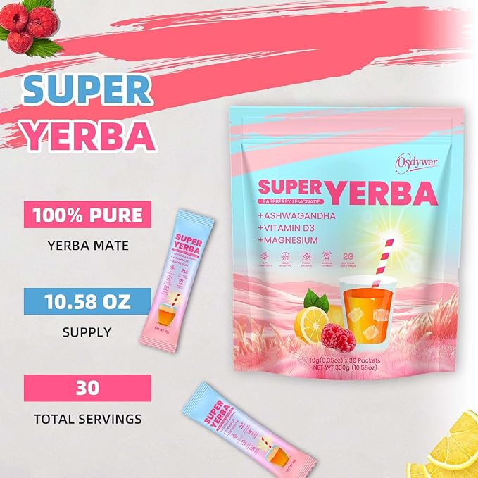 Super Yerba Mate Yerba Mate Instant Tea Powder RASPBERRY LEMONADE Flavor Mate Tea Supplements with Prebiotics and Probiotics - 30 Servings (2)