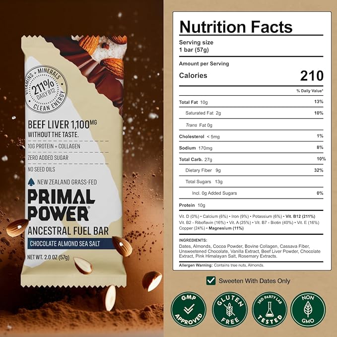 Primal Power Beef Liver Bar 1100mg - New Zealand Grass-Fed 211% DV B12 10g Protein Collagen - Zero Added Sugar No Seed Oils Gluten Free - Chocolate Almond Sea Salt (12 Pack)