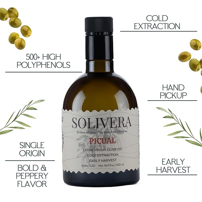 Solivera Picual Extra Virgin Olive Oil Cold Pressed – Bold &amp Peppery Flavor 500+ High Polyphenols and First Harvest Single-Origin Hand Picked Organic Olive Oil - 16.8 fl. oz. (Picual)