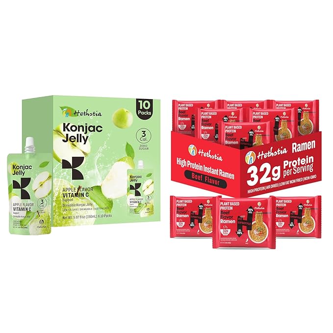 Hethstia Protein Ramen Spicy Beef Flavor 6-Pack and Konjac Jelly Apple Flavor – 10 Packs Drinkable Fruit Jelly Squeeze Pouches