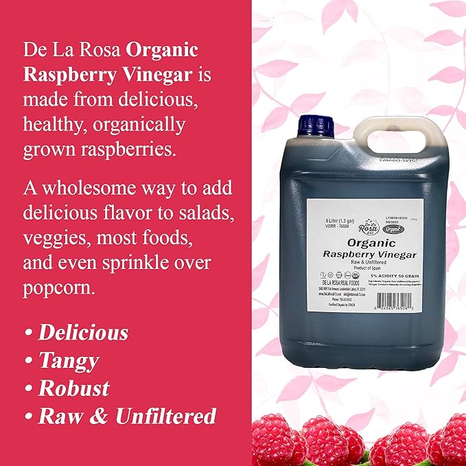De La Rosa Organic Raspberry Vinegar Raw &amp Unfiltered Pure Vinegar Vegan Gluten Free &amp Kosher Great for Organic Salad Dressing and Marinades 5 Liters (Pack of 1)