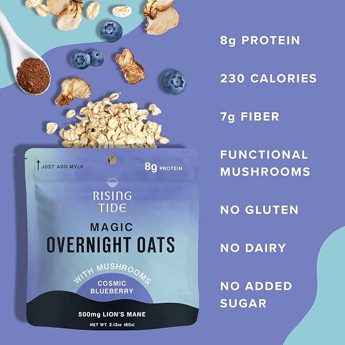 Mushroom Overnight Oats (6 Pack) Superfood Lions Mane Mushroom Chia &amp Flax Seed - Organic Protein Oatmeal - High Fiber Vegan Gluten Free Low Sugar - Easy Prep Plant Protein - Blueberry
