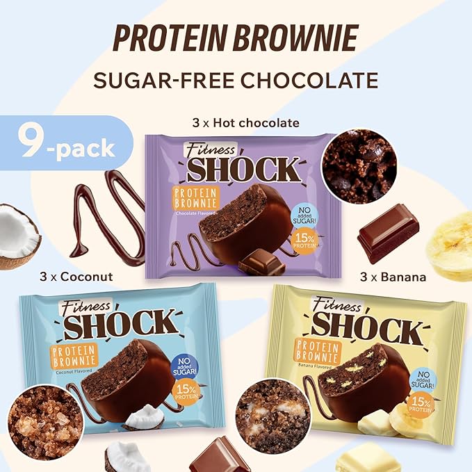 FitnesSHOCK Protein Brownie Dark Chocolate No Added Sugar 15%/75g Protein 233kcal Pre/Post Workout Snack - No Palm Oil Filling dietary fibre Soft Texture 9x50g - Variety pack