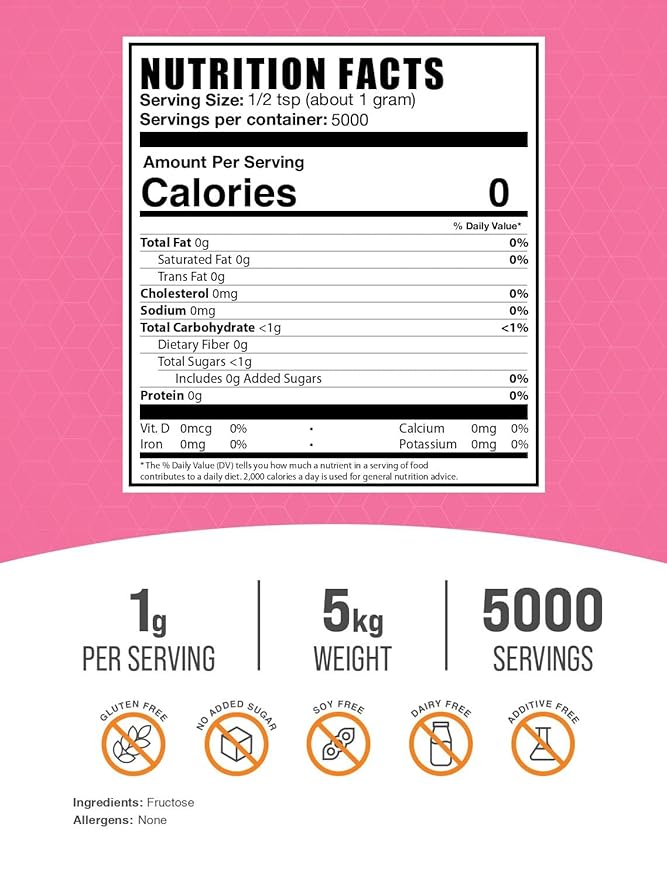 BulkSupplements.com Fructose Powder - Fructose Sugar Zero Calorie Sweetener - Food Grade &amp Gluten Free 1g per Serving 1kg (Pack of 5) (11 lbs)