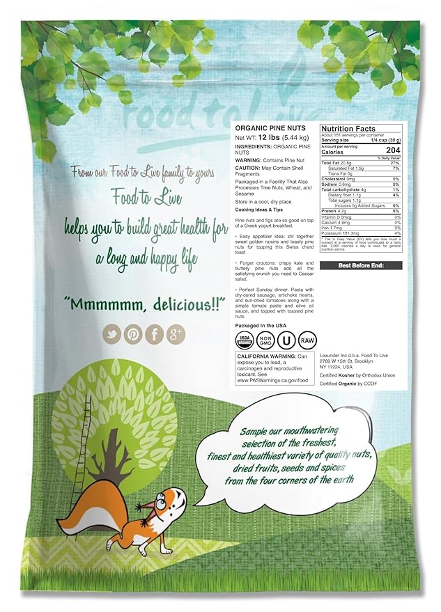 Food to Live - Organic Pine Nuts 12 Pounds Non-GMO Whole Raw Pignolias Unsalted No Shell Vegan Kosher Bulk Snack. Rich in Vitamin E Protein.