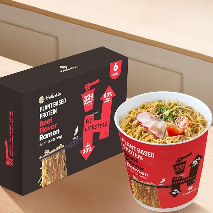 Hethstia High Protein Ramen Cup Spicy Beef Flavor 6-Pack Instant Healthy Ramen Soup with 32g Plant Protein Vegan Low Carb Non-GMO Air-Dried Noodles Non-Fried Low Fat Meal