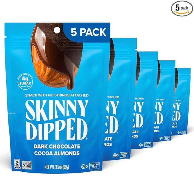 SkinnyDipped Dark Chocolate Cocoa Almonds Healthy Snack Plant Protein Gluten Free 3.5 oz Resealable Bags (Pack of 5)