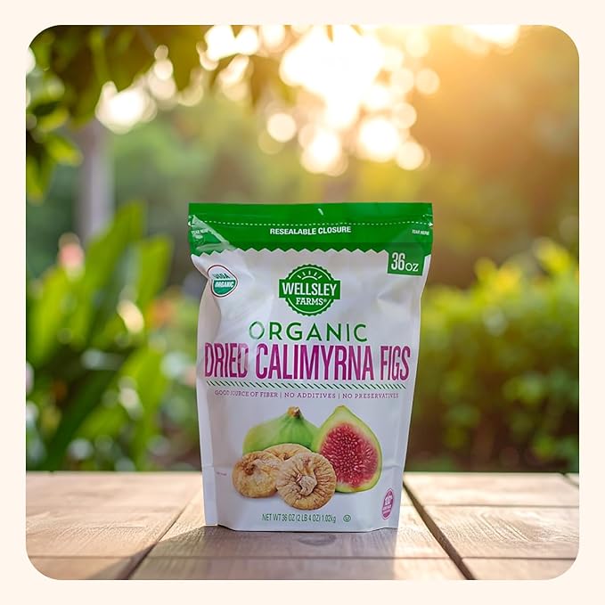Wellsley Farms Organic Dried Calimyrna Figs - Naturally Sweet High Fiber Snack - No Sugar Added Dried Figs - Gluten-Free Vegan Kosher - Organic Dried Fruit for Snacking Baking - 36oz Resealable Bag