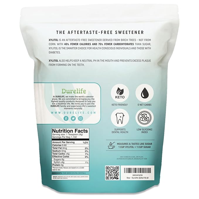 DureLife XYLITOL Sugar Substitute 10 LB (160 OZ) Made From 100% Pure Birch Xylitol NON GMO - Gluten Free - Kosher Sugar alternative