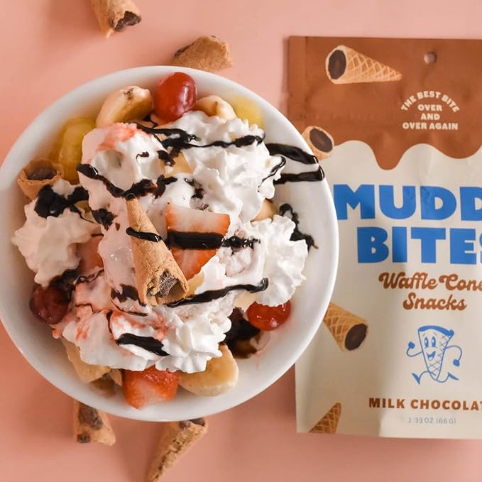 Muddy Bites Waffle Cone Snacks Bite Sized Chocolate Filled Waffle Cones for Snack or Dessert Ice Cream Topping made with Pure Cane Sugar Kosher (2.33 oz (Pack of 5) Milk-Chocolate)