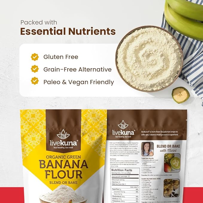 LiveKuna Organic Banana Flour - Gluten Free All Purpose Flour Alternative For Baking &amp Cooking Recipes - Grain Free Vegan Banana Flour Rich In Fiber &amp Vitamins for Keto &amp Paleo Diets 32o