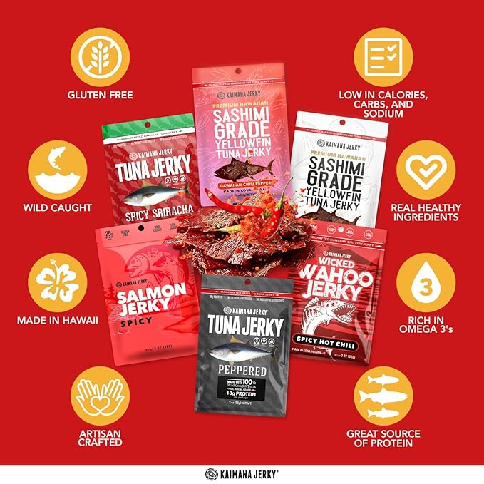 Kaimana Jerky Variety Pack - Ahi Tuna Salmon &amp Wahoo Ono Fish Jerky - Spicy Hot All-Natural Wild-Caught Protein-Packed Omega-3 Rich - Made in Hawaii - 6 Bags Great Gift for Dad