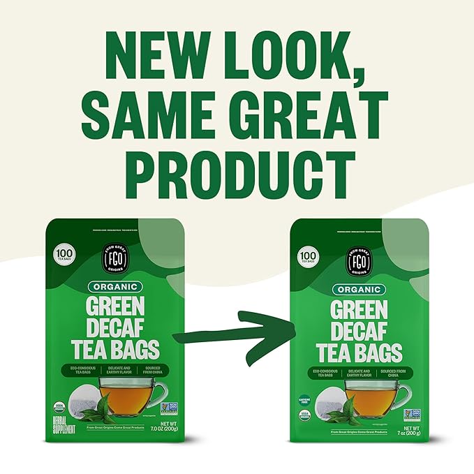 FGO Organic Green Decaf Tea 100 Count Eco-Conscious Tea Bags Resealable Bag Caffeine Free Packaging May Vary (Pack of 1)