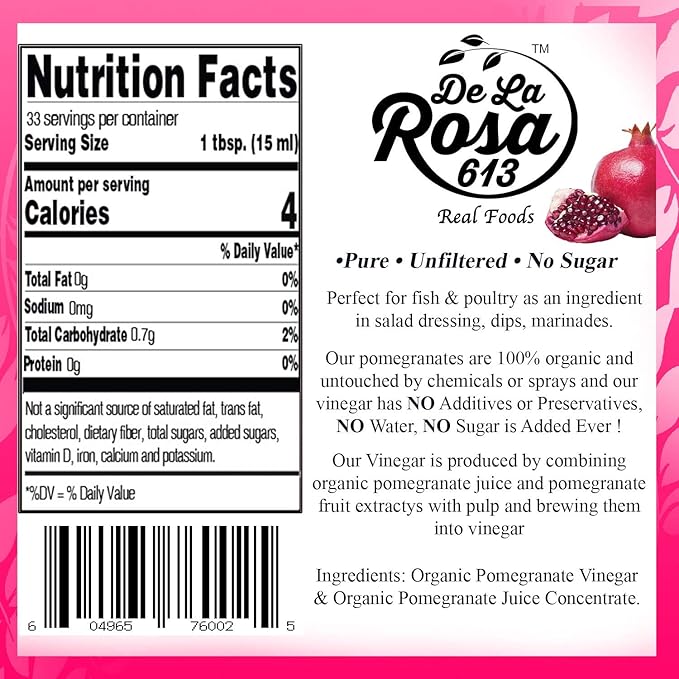 De La Rosa Organic Extra Virgin Olive Oil &amp Pomegranate Vinegar 100% Pure Raw &amp Unfiltered Vegan Kosher Non-GMO &amp Gluten Free Great for Salad Dressings &amp More 16.9 Oz (Pack of 2)