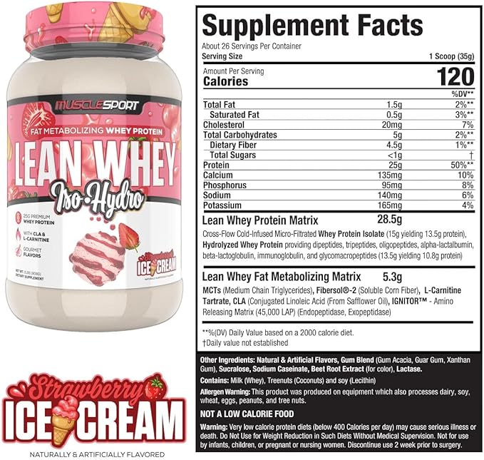 MuscleSport Lean Whey Revolution™ Protein Powder - Whey Protein Isolate - Low Calorie Low Carb Low Fat Incredible Flavors - 25g protein per scoop (2LB Strawberry)