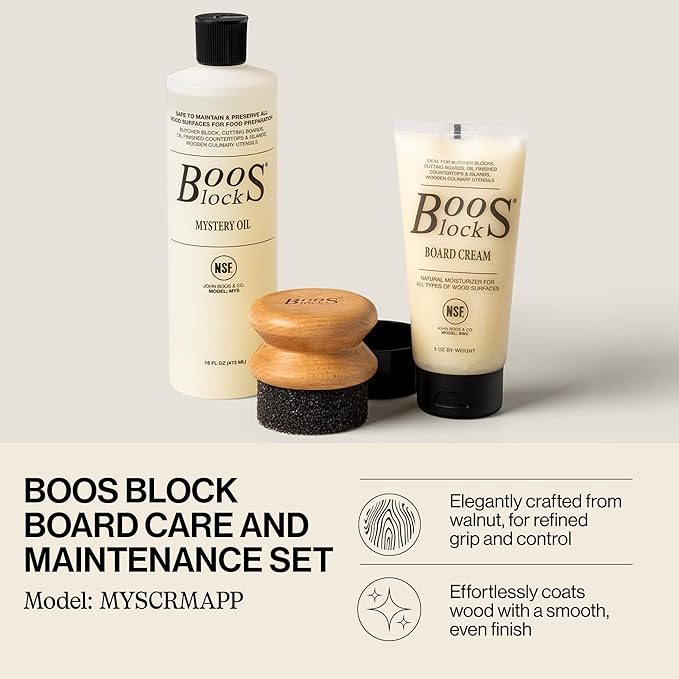 John Boos 3-Piece All-Natural Care &amp Maintenance Set - 16 oz Mystery Oil 5 oz Board Cream &amp Round Applicator for Butcher Blocks Cutting Boards Wood Countertops and Wooden Utensils