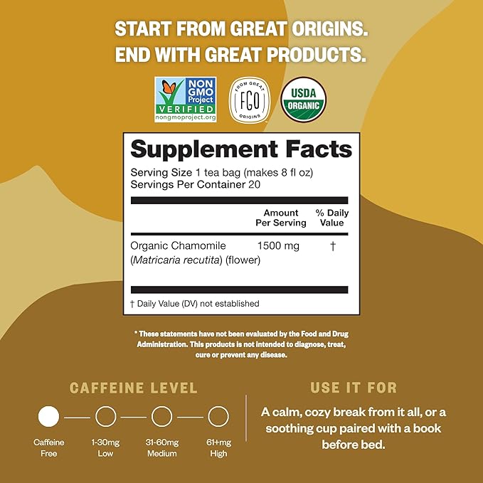 FGO Organic Chamomile Tea 100 Eco-Conscious Tea Bags Caffeine Free Resealable Bag Packaging May Vary (Pack of 1)
