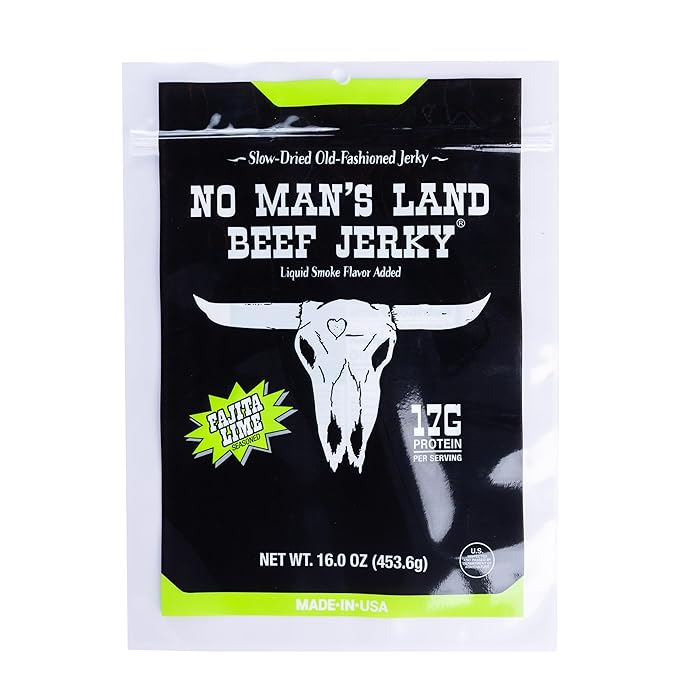 No Mans Land Beef Jerky - Fajita Lime 16oz Bag | High Protein Low Card Low Calorie Beef Snack | Smoked &amp Seasoned Jerky Strips | Gluten Free