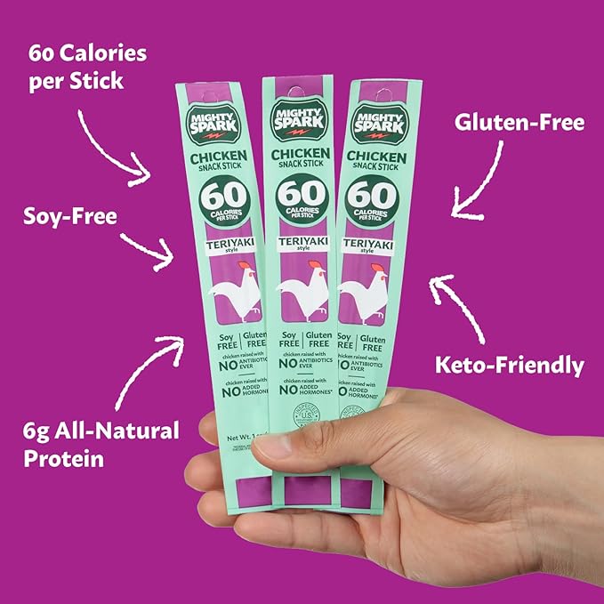 Mighty Spark Chicken Snack Sticks - Teriyaki - 5g of Protein No Hormones Added Gluten Free Soy Free Meat Sticks - High Protein Keto Snacks Weight Watchers Approved Snacks - 48 Count