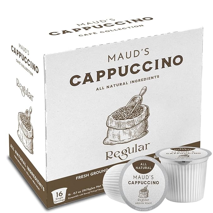 Maud's Classic Cappuccino Coffee Pods (Medium Dark Roast) 16ct. Solar Energy Produced Recyclable Single Serve 1 Step Cappuccino Pods 100% Arabica Coffee Milk and Sugar Included KCup Compatible