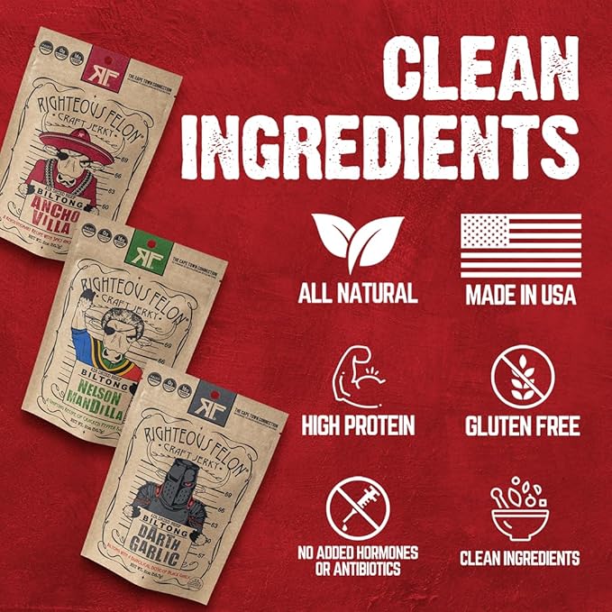 Righteous Felon Biltong Beef Jerky Variety Pack | South African Biltong Snack Packs for Adults | High Protein Keto-Friendly Low Sugar | Made with Premium Meats | Beef Jerky Gifts for Men | 3 Pack