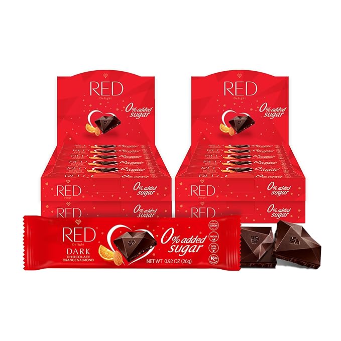 RED Delight®™ Orange and Almond Dark Chocolate 12 Count Box of Grab N Go Travel Size Bars (0.92 Ounces Each) (4 Boxes - Total of 48 Bars)